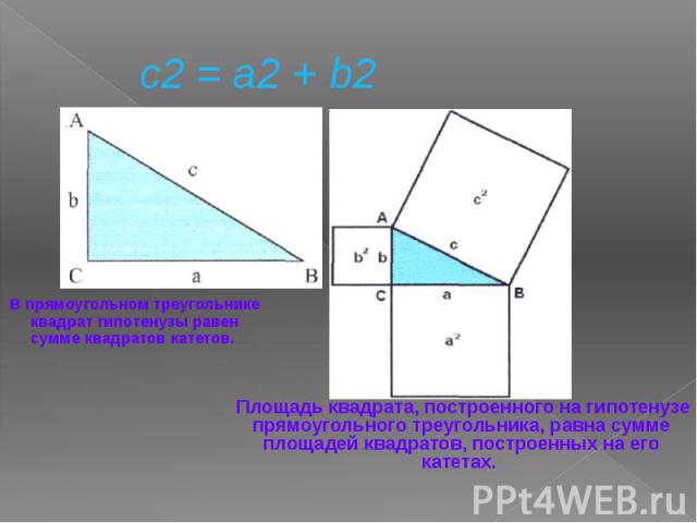 c2 = a2 + b2 В прямоугольном треугольнике квадрат гипотенузы равен сумме квадратов катетов.