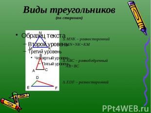 Виды треугольников (по сторонам) ∆ MNK – равносторонний MN=NK=KM ∆ ABC – равнобе