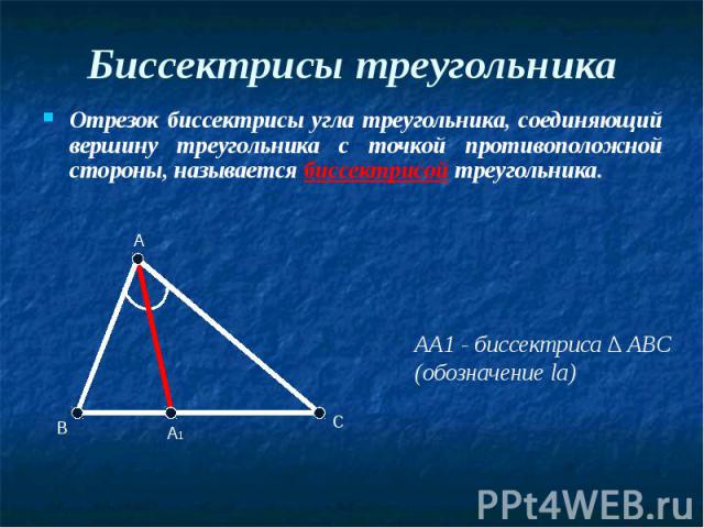 Биссектрисы треугольника Отрезок биссектрисы угла треугольника, соединяющий вершину треугольника с точкой противоположной стороны, называется биссектрисой треугольника.