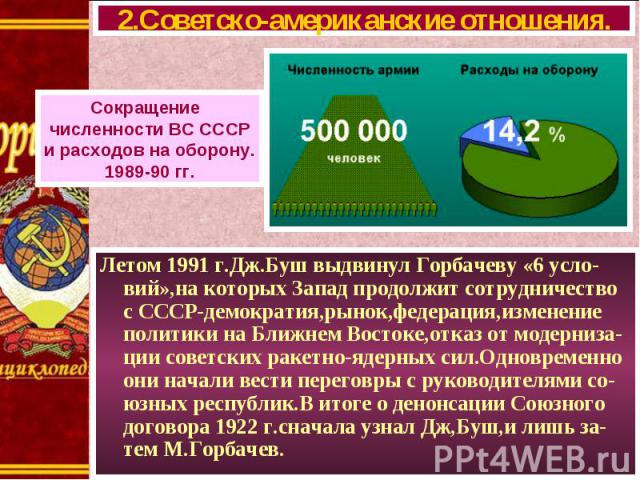 Летом 1991 г.Дж.Буш выдвинул Горбачеву «6 усло-вий»,на которых Запад продолжит сотрудничество с СССР-демократия,рынок,федерация,изменение политики на Ближнем Востоке,отказ от модерниза-ции советских ракетно-ядерных сил.Одновременно они начали вести …