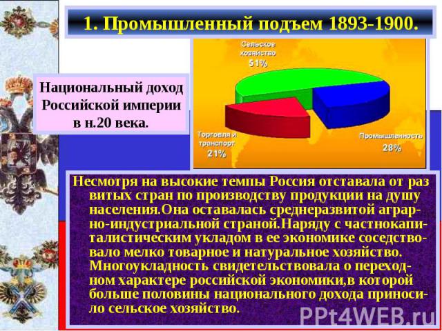 Несмотря на высокие темпы Россия отставала от раз витых стран по производству продукции на душу населения.Она оставалась среднеразвитой аграр-но-индустриальной страной.Наряду с частнокапи-талистическим укладом в ее экономике соседство-вало мелко тов…