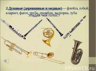 2.Духовые (деревянные и медные)— флейта, гобой, кларнет, фагот, труба, тромбон,