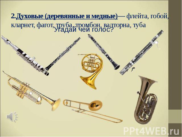 2.Духовые (деревянные и медные)— флейта, гобой, кларнет, фагот, труба, тромбон, валторна, туба