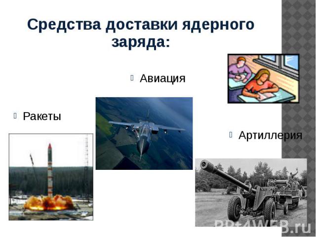 Средства доставки ядерного заряда: Авиация Ракеты Артиллерия