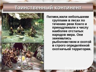 Пигмеи,жили небольшими группами в лесах по течению реки Конго и принадлежали к ч