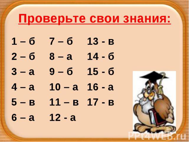 Проверьте свои знания: 1 – б 7 – б 13 - в 2 – б 8 – а 14 - б 3 – а 9 – б 15 - б 4 – а 10 – а 16 - а 5 – в 11 – в 17 - в 6 – а 12 - а