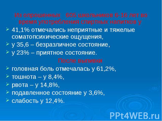 Из опрошенных 605 школьников 6-16 лет во время употребления спиртных напитков у 41,1% отмечались неприятные и тяжелые соматопсихические ощущения, у 35,6 – безразличное состояние, у 23% – приятное состояние. После выпивки головная боль отмечалась у 6…