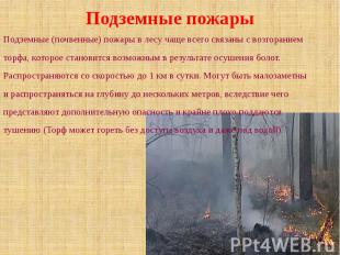 Подземные пожары Подземные (почвенные) пожары в лесу чаще всего связаны с возгор