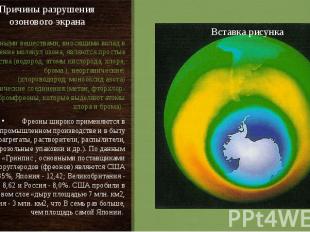 Причины разрушения озонового экрана Главными веществами, вносящими вклад в разру