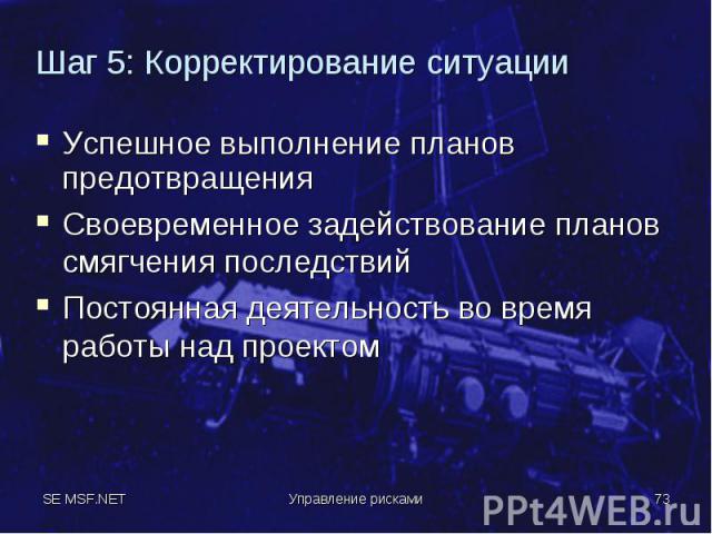 Успешное выполнение планов предотвращения Успешное выполнение планов предотвращения Своевременное задействование планов смягчения последствий Постоянная деятельность во время работы над проектом