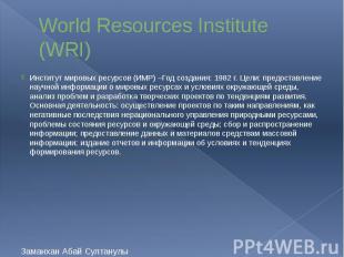 World Resources Institute (WRI) Институт мировых ресурсов (ИМР) –Год создания: 1