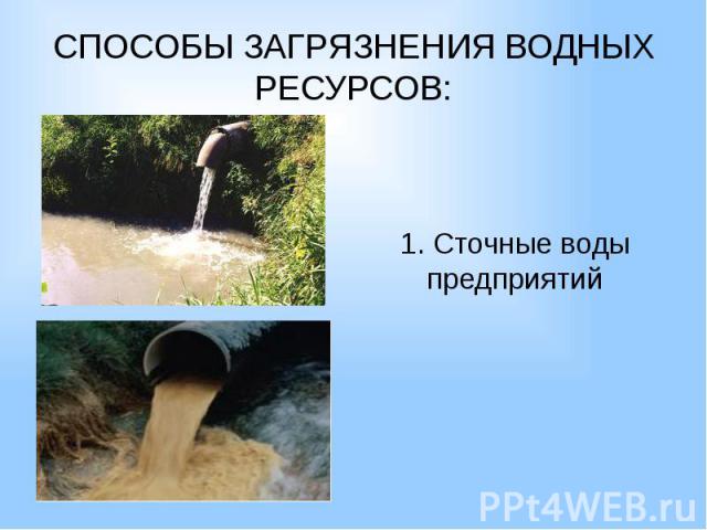 СПОСОБЫ ЗАГРЯЗНЕНИЯ ВОДНЫХ РЕСУРСОВ: