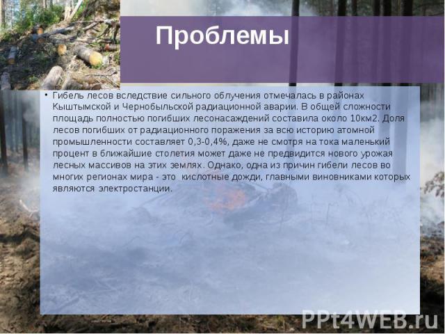 Проблемы Гибель лесов вследствие сильного облучения отмечалась в районах Кыштымской и Чернобыльской радиационной аварии. В общей сложности площадь полностью погибших лесонасаждений составила около 10км2. Доля лесов погибших от радиационного поражени…