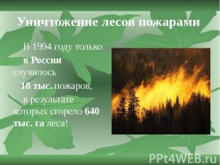 Уничтожение лесов пожарами В 1994 году только в России случилось 18 тыс. пожаров