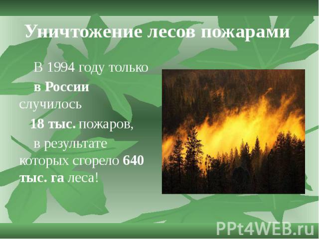 Уничтожение лесов пожарами В 1994 году только в России случилось 18 тыс. пожаров, в результате которых сгорело 640 тыс. га леса!