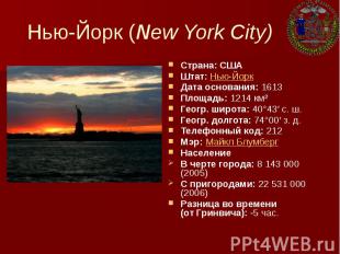 Нью-Йорк (New York City) Страна: США Штат: Нью-Йорк Дата основания: 1613 Площадь