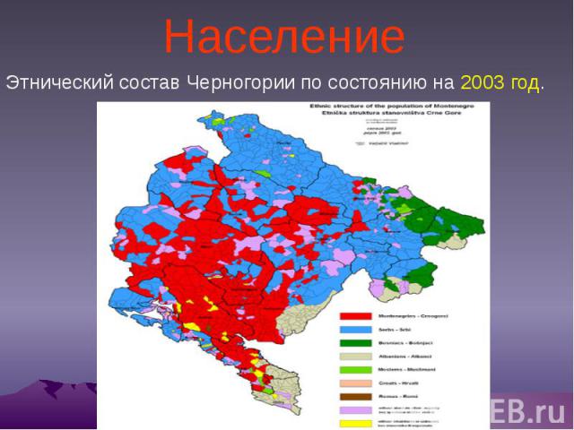 Население Этнический состав Черногории по состоянию на 2003 год.
