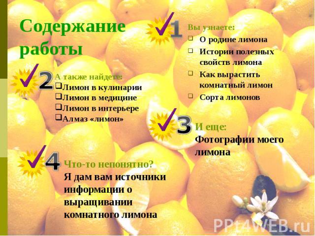 Содержание работы Вы узнаете: О родине лимона Истории полезных свойств лимона Как вырастить комнатный лимон Сорта лимонов