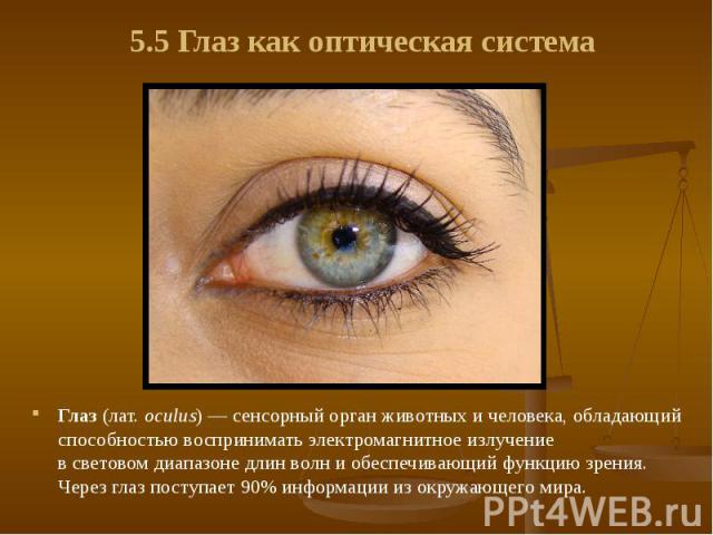 Глаз (лат. oculus) — сенсорный орган животных и человека, обладающий способностью воспринимать электромагнитное излучение в световом диапазоне длин волн и обеспечивающий функцию зрения. Через глаз поступа…