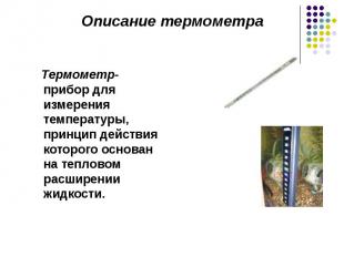 Термометр- прибор для измерения температуры, принцип действия которого основан н