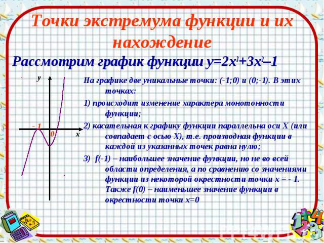Точки экстремума функции и их нахождение Рассмотрим график функции у=2х3+3х2–1