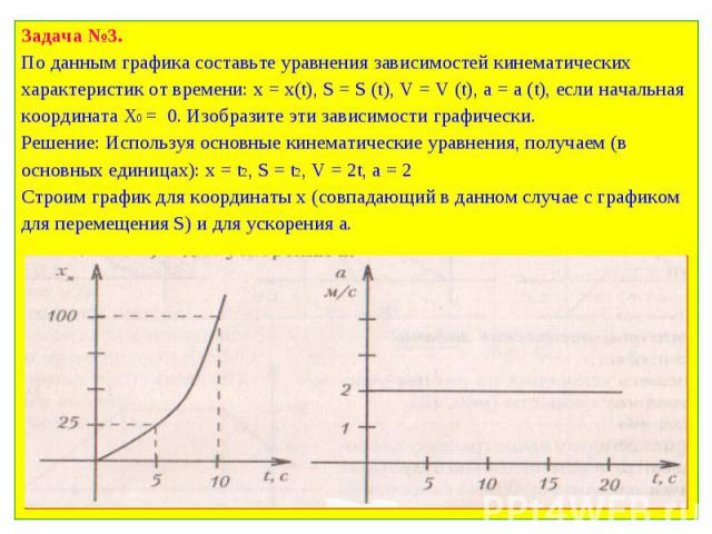 Задача №3. Задача №3. По данным графика составьте уравнения зависимостей кинематических характеристик от времени: х = х(t), S = S (t), V = V (t), a = a (t), если начальная координата Х0 = 0. Изобразите эти зависимости графически. Решение: Используя …