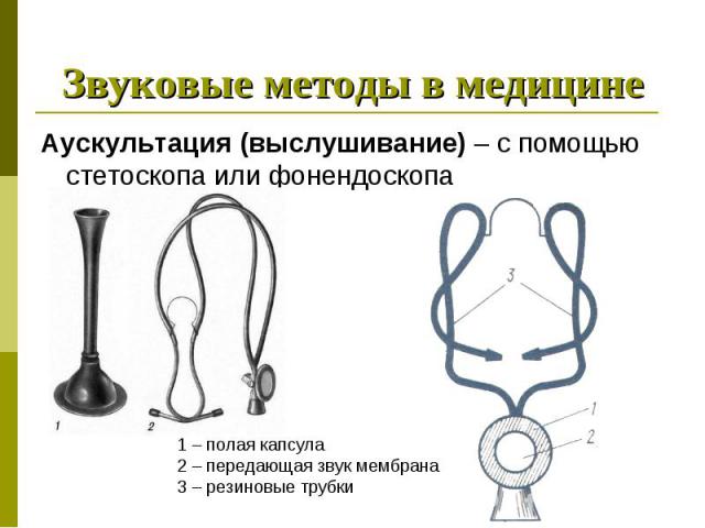Аускультация (выслушивание) – с помощью стетоскопа или фонендоскопа Аускультация (выслушивание) – с помощью стетоскопа или фонендоскопа