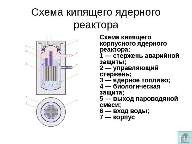 Схема кипящего ядерного реактора Схема кипящего корпусного ядерного реактора: 1 — стержень аварийной защиты; 2 — управляющий стержень; 3 — ядерное топливо; 4 — биологическая защита; 5 — выход пароводяной смеси; 6 — вход…