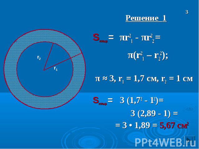 Решение 1 Решение 1 Sкольца = πr21 - πr22 = π(r21 – r22); π ≈ 3, r1 = 1,7 см, r2 = 1 см Sкольца = 3 (1,72 - 12)= 3 (2,89 - 1) = = 3 • 1,89 = 5,67 см2