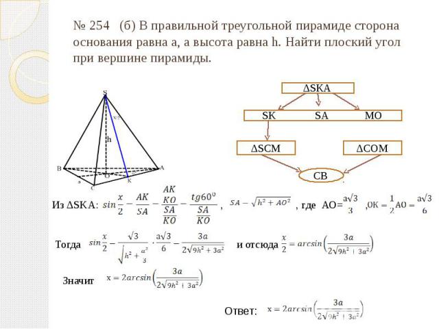 № 254 (б) В правильной треугольной пирамиде сторона основания равна а, а высота равна h. Найти плоский угол при вершине пирамиды.