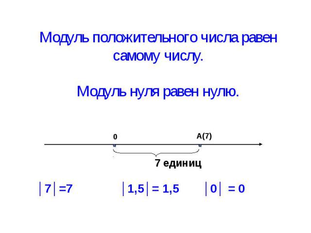 Модуль положительного числа равен самому числу. Модуль нуля равен нулю.