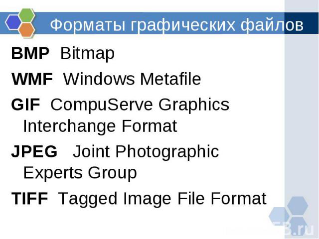 BMP Bitmap BMP Bitmap WMF Windows Metafile GIF CompuServe Graphics Interchange Format JPEG Joint Photographic Experts Group TIFF Tagged Image File Format
