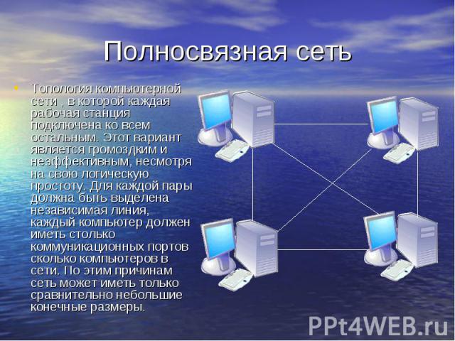 Полносвязная сеть Топология компьютерной сети , в которой каждая рабочая станция подключена ко всем остальным. Этот вариант является громоздким и неэффективным, несмотря на свою логическую простоту. Для каждой пары должна быть выделена независимая л…