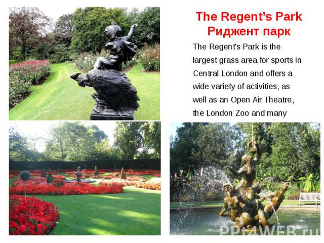 The Regent’s Park Риджент парк The Regent's Park is the largest grass area for sports in Central London and offers a wide variety of activities, as well as an Open Air Theatre, the London Zoo and many cafes and restaurants.