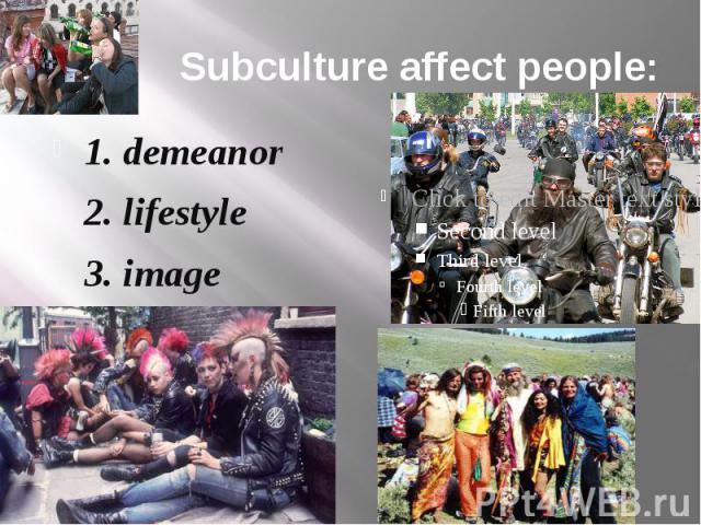 Subculture affect people: 1. demeanor 2. lifestyle 3. image