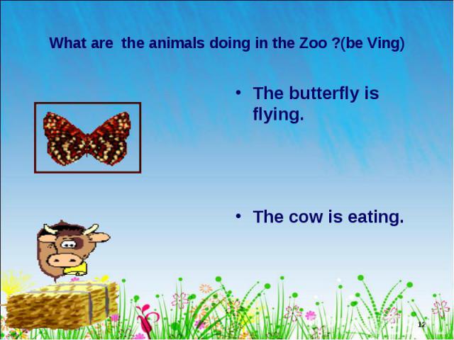 The butterfly is flying. The butterfly is flying. The cow is eating.