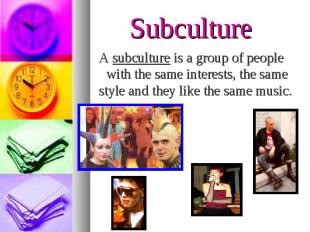 A subculture is a group of people with the same interests, the same style and th