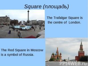 The Trafalgar Square is The Trafalgar Square is the centre of London. The Red Sq