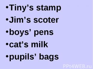 Tiny’s stamp Tiny’s stamp Jim’s scoter boys’ pens cat’s milk pupils’ bags
