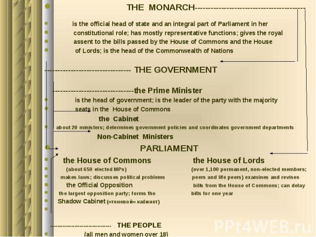 THE MONARCH------------------------------------------ THE MONARCH------------------------------------------ is the official head of state and an integral part of Parliament in her constitutional role; has mostly representative functions; gives the r…