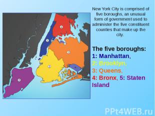 The five boroughs: 1:&nbsp;Manhattan, 2:&nbsp;Brooklyn, 3:&nbsp;Queens, 4:&nbsp;