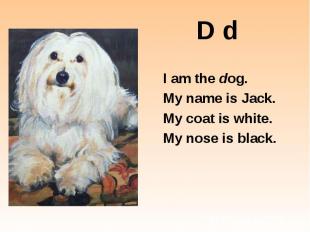 D d I am the dog. My name is Jack. My coat is white. My nose is black.