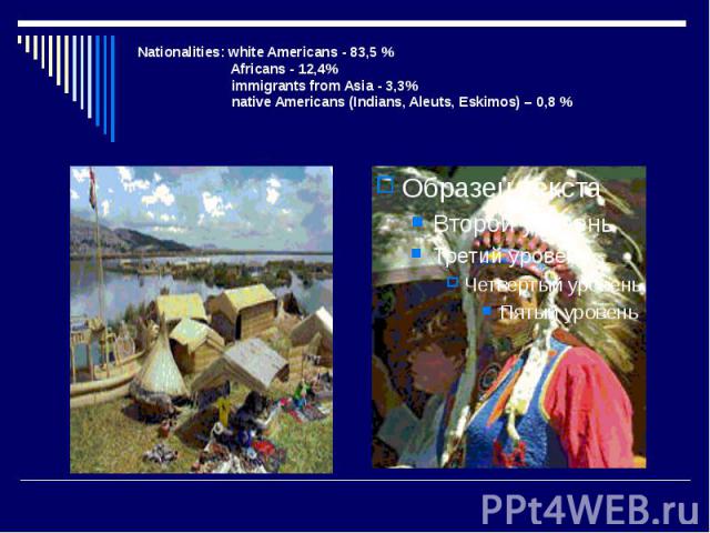 Nationalities: white Americans - 83,5 % Africans - 12,4% immigrants from Asia - 3,3% native Americans (Indians, Aleuts, Eskimos) – 0,8 %