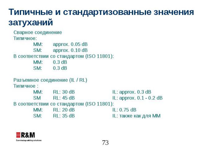 Типичные и стандартизованные значения затуханий Сварное соединение Типичное: MM: approx. 0.05 dB SM: approx. 0.10 dB В соответствии со стандартом (ISO 11801): MM: 0.3 dB SM: 0.3 dB Разъемное соединение (IL / RL) Типичное : MM: RL: 30 dB IL: approx. …