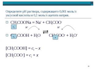 CH3COONa = Na+ + CH3COO– CH3COONa = Na+ + CH3COO– CH3COOH + H2O CH3COO– + Н3О+ [