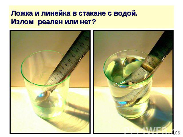 Ложка и линейка в стакане с водой. Излом реален или нет?