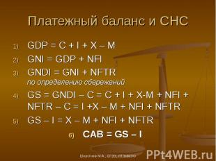 Платежный баланс и СНС GDP = C + I + X – M GNI = GDP + NFI GNDI = GNI + NFTR по