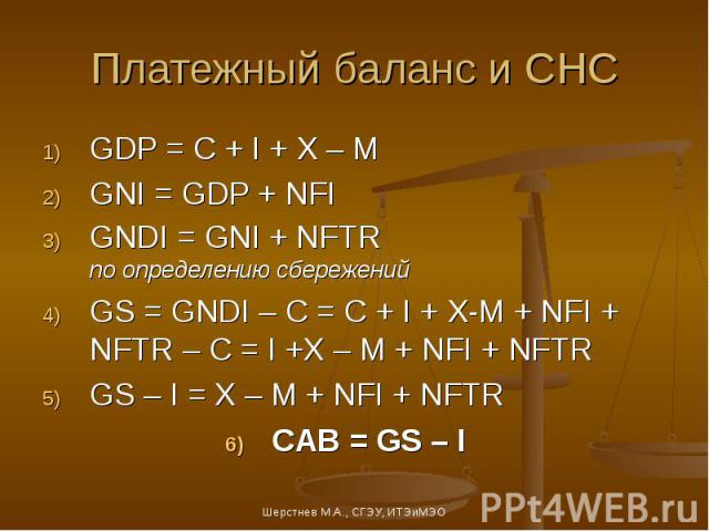 Платежный баланс и СНС GDP = C + I + X – M GNI = GDP + NFI GNDI = GNI + NFTR по определению сбережений GS = GNDI – C = C + I + X-M + NFI + NFTR – C = I +X – M + NFI + NFTR GS – I = X – M + NFI + NFTR CAB = GS – I