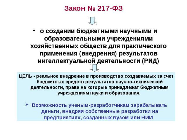 Закон № 217-ФЗ о создании бюджетными научными и образовательными учреждениями хозяйственных обществ для практического применения (внедрения) результатов интеллектуальной деятельности (РИД)