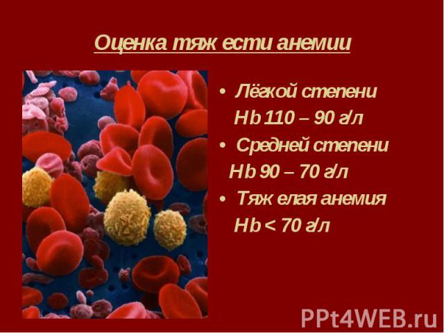 Оценка тяжести анемии Лёгкой степени Hb 110 – 90 г/л Средней степени Hb 90 – 70 г/л Тяжелая анемия Hb < 70 г/л